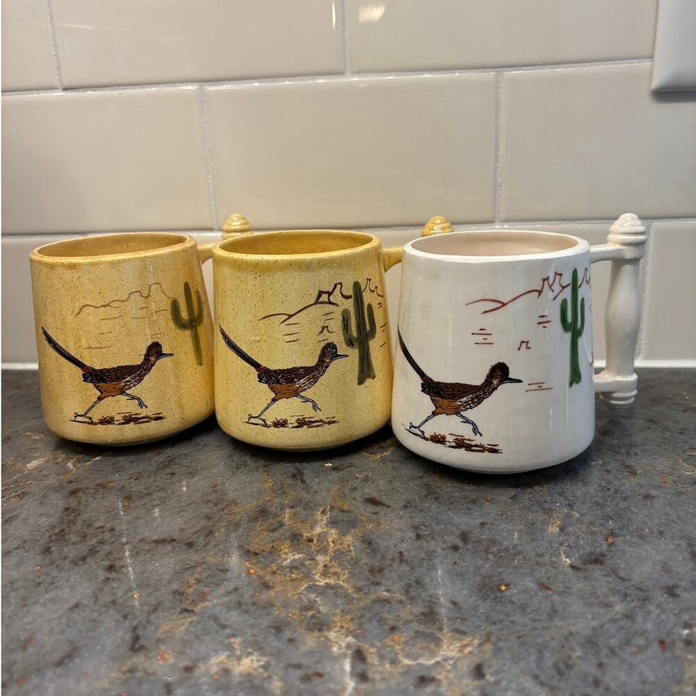 Vintage Cave Creek Ceramics Mugs (3) Roadrunner Arizona